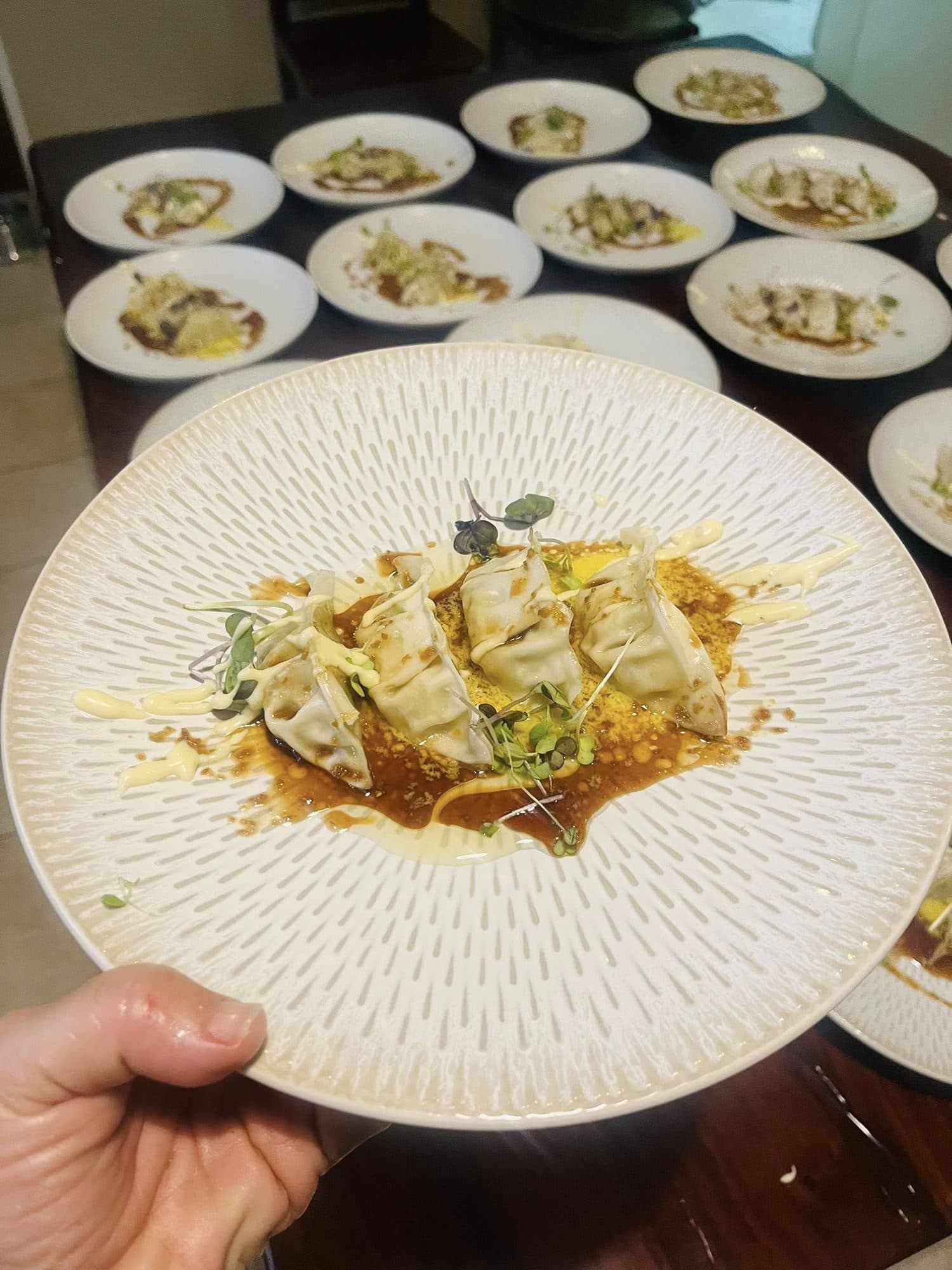 A plate of dumplings held up with the rest of the dinner service behind it